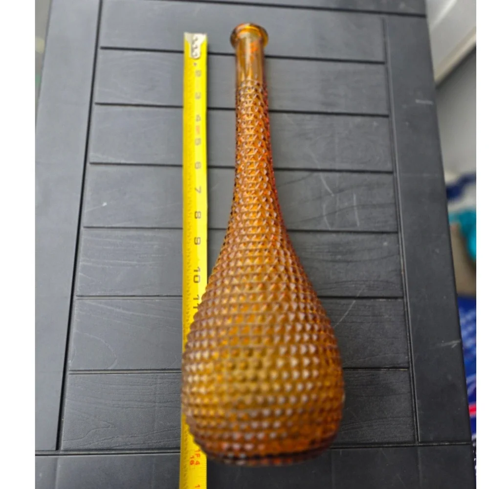 Amber Glass Genie Bottle Vase Diamond Point Hobnail Mid Century Modern 16in